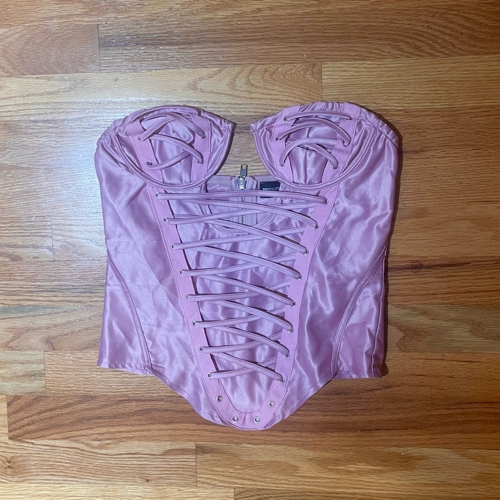 Pretty Little Thing pink cutout corset tube top